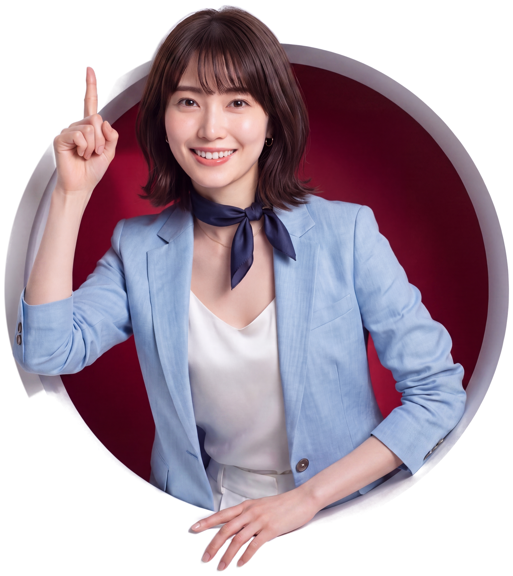 円窓から顔を出し、人差し指を立てて案内する白石あき